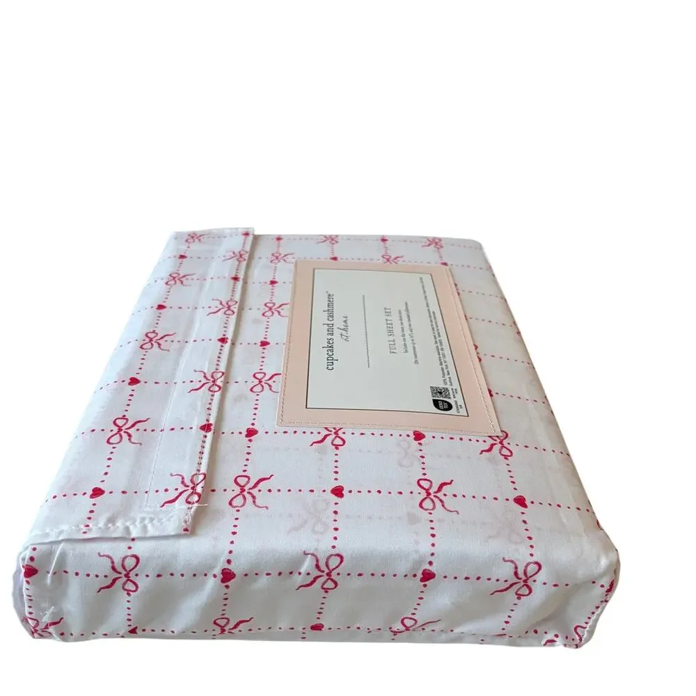 Cupcakes & Cashmere Checkered Bow FULL Sheet Set Chic Pink & White Bedding NEW